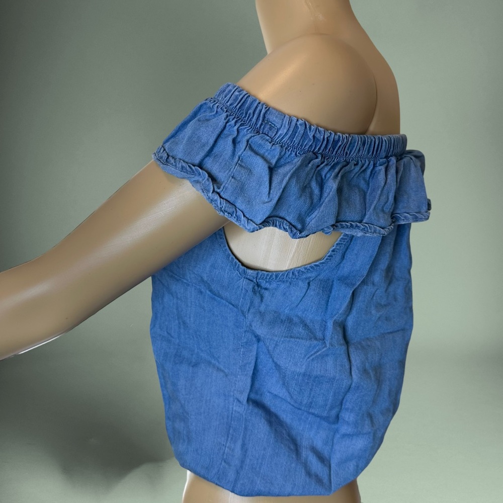 MTH Womens Top Crop Light blue Medium M Off Shoulder sleeveless Neck Ruffle - Picture 3 of 11